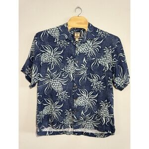 Tommy Bahama Shirt Men Large Blue Pineapple Silk Tropical Hawiian Aloha Vacation